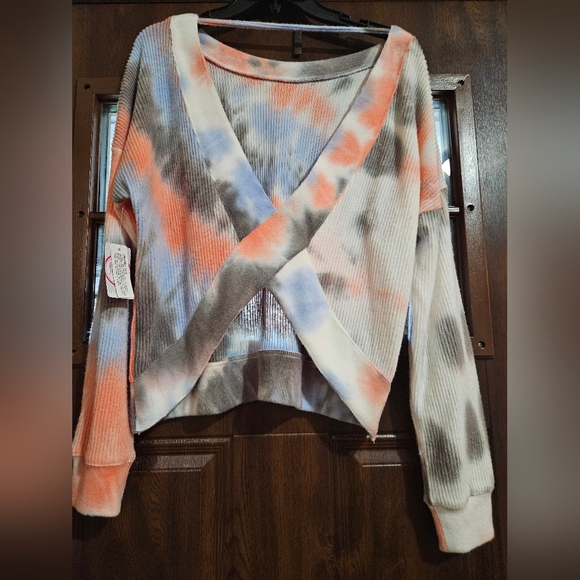 Flirtitude Tie-Dye Crossover Sweatshirt - Blue, Orange, Gray - Picture 2 of 7